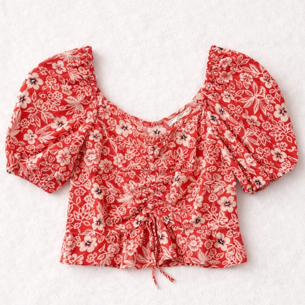 B.O.G. Collective Floral Puff Sleeve Crop Top Red Ruched Cottagecore Boho M